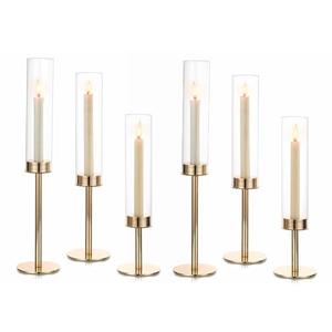 Hewory Gold Candle Holders Hurricane Candlestick Holders, 6Pcs Candle Stick Candle Holder Candelabra, Taper Candle Holders with Glass Candle Cover for Wedding Table Centerpiece Christmas Decor