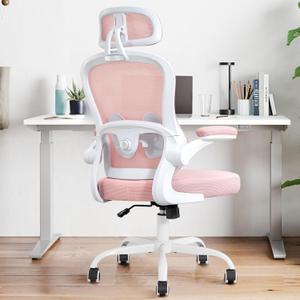 Ergonomic Office Chair,Ultra Thick Office Desk Chair with Adjustable Lumbar Support and Headrest,Spring Cushion,Rocking Function,Flip-up arms,Mesh Computer Chair for Home Office,Pink