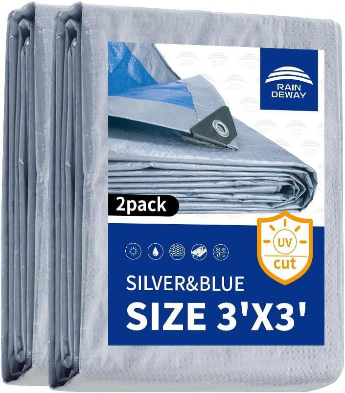RAINDEWAY Small Tarps Waterproof 3x3 FeetPack of 2 5.5 Mil Thick, Multipurpose Waterproof Poly Tarp CoverCamping Tarpaulin Silver/Blue Tarp Finished Size
