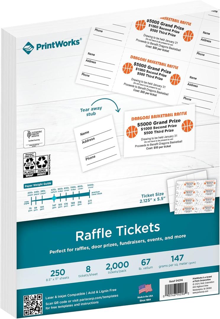 PrintWorks Printable Raffle Tickets With Tear-Away Stubs for Events & Fundraisers - 2000 Custom Tickets (Size 2.125" x 5.5") - 8 per Sheet - 250 Sheets (8.5" x 11") - Made in the USA - White (04296)