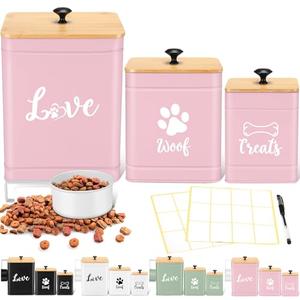 Jingmore Metal Dog Treat Containers Set of 3 with Bamboo Lids and Spoon Airtight 7+3+2 lbs Dog Food Snack Jars with DIY Labels Big Pet Cookie Storage Jar for Kitchen Counter (Pink,Funny)