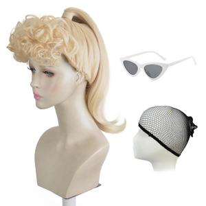 Blonde Wig for Women, Long Blonde Ponytail Wig with Curly Bangs, Blonde Pigtails Wig with White Sunglasses for Party Costume Halloween Cosplay(Adult)