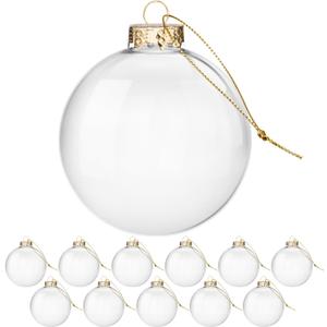 Clear Glass Ornaments for Crafts(3.15inch/80 mm, 12 Set) Large Fillable Hanging Ornaments for Christmas Tree Decor (Gold and Clear)