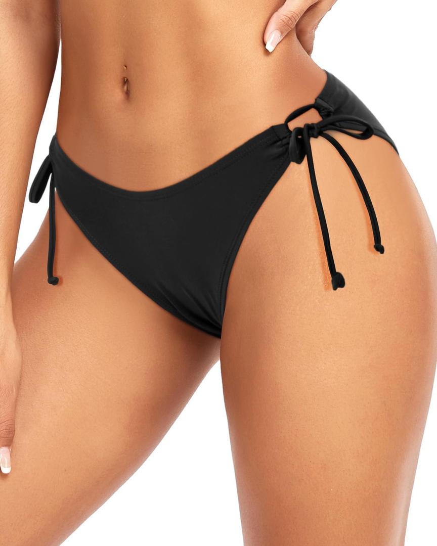 Zmart Women String Tie Side Bikini Bottoms Moderate Coverage Swimsuit Bottom Low Waist Low Rise Bathing Suit (X-Large, Black)