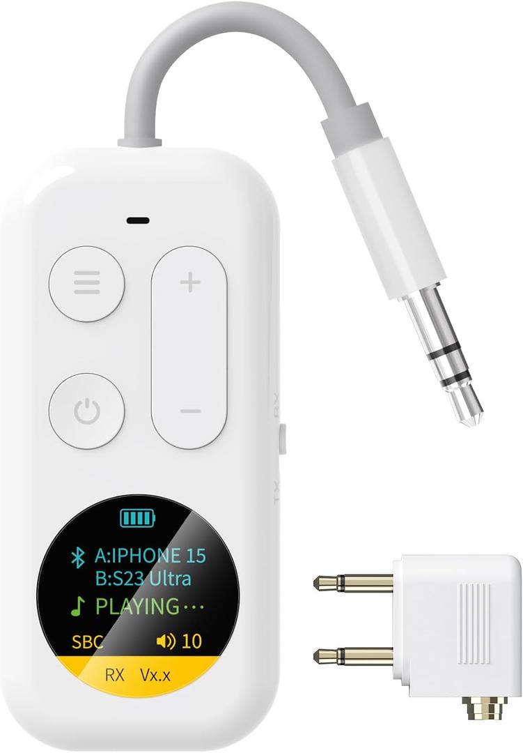 Airplane Bluetooth Adapter with LED Screen, 2-in-1 Bluetooth Transmitter Receiver for Flight & TV, Dual Headphones Audio Adapter, 20H+ Playtime, Travel Essentials