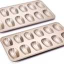 HONGBAKE Nonstick Madeleine Pan 2 Pack 12-Cavity Heavy Duty Madeleine Cookies Trays for Oven Baking, Warp Resistant Shell Shape Madeleine Mold Cake Pan, Champagne Gold