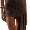 Womens Mock Neck Sleeveless Irregular Draped Bodycon Dresses Ruched Ribbon Slim Fit Club Party Cocktail Dresses (Large, Coffee)