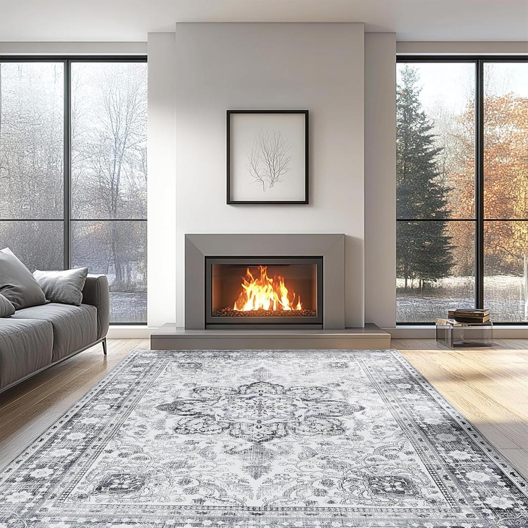 Machine Washable 6x9 Area Rug Large Boho Vintage Rugs Living Room, Home Decor Bedroom, Dining Room, Playroom, Office, Indoor Printed Boho Non-Shed Floor Carpet (Grey,6x9ft)