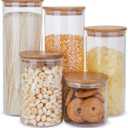 Glass Food Storage Containers Set,Airtight Food Jars with Bamboo Lids - Set of 5 Kitchen Canisters For Sugar,Candy, Cookie, Rice and Spice Jars