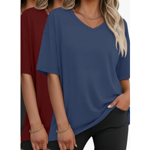 2 Pack Women's Oversized Shirts V Neck Half Sleeve Tops Workout Casual Basic Loose Sweatshirts Gym Clothes, Red and Blue, XXL