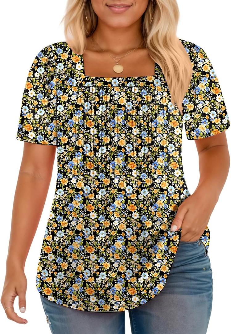 VISLILY Plus-Size-Womens-Summer-Tops Trendy Square Neck T Shirts Cute Flowy Pleated Tunics Casual Short Sleeve Blouses (XX-Large, 08_yh004)