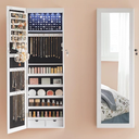 SONGMICS 6 LEDs Mirror Jewelry Cabinet, 47.2-Inch Tall Lockable Wall or Door Mounted Jewelry Armoire Organizer with Mirror, 2 Drawers, 3.9 x 14.6 x 47.2 Inches, White UJJC93W