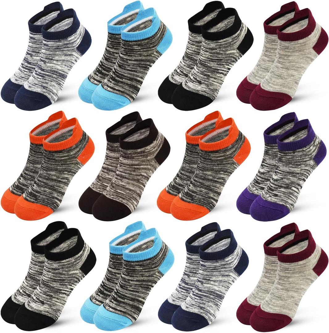 Kids Socks Boys Girls Ankle Striped Athletic Heel Tab No Show Low Cut Socks 12 Pairs 1-14 Years (Gray)