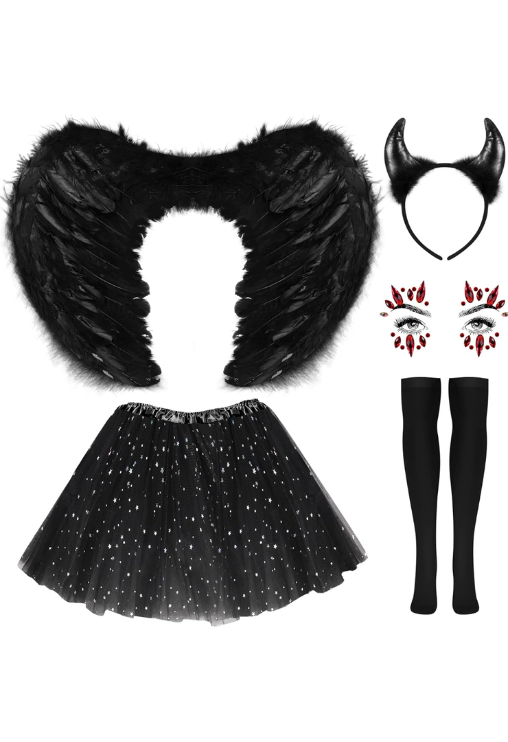 Hillban Halloween Angel Costume With Feather Wings, Tutu Skirt, Headband, Devil Horns, Socks, and Gems Stickers for Women