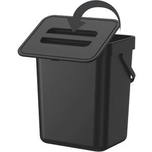Compost Bin Kitchen, for use on Countertops or Under Sinks, Hanging Trash Can with Lid, for Cupboard/Bathroom/Bedroom/Office/Camping, Mountable Indoor Compost Bucket(Black 1.3 Gallon/5L)