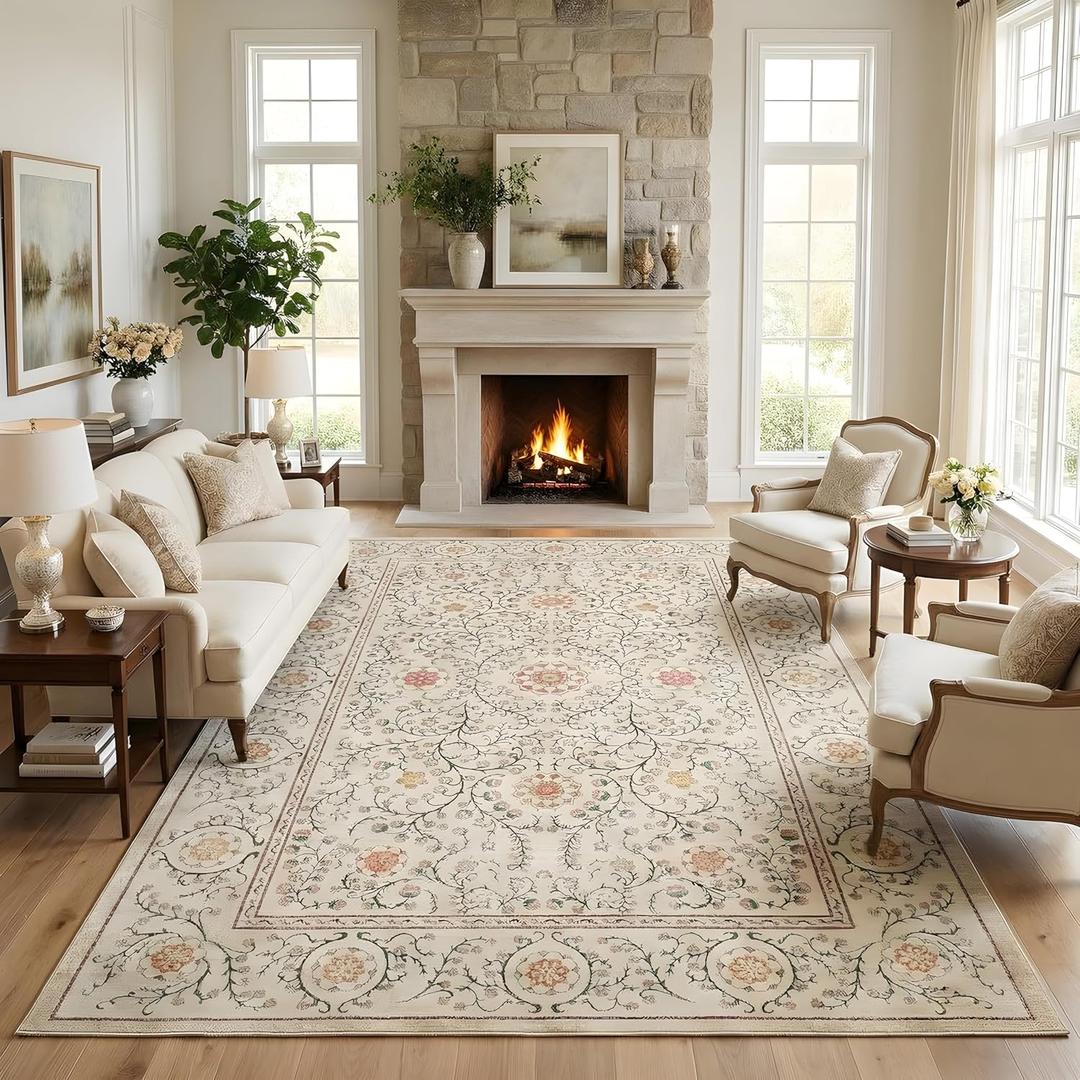 GarveeHome Boho 5x7 Area Rug for Bedroom, Floral Vintage Rugs for Living Room with Soft Low Pile, Non Slip Botanical Washable Rugs 5x7 for Dining Room Camel Carpet for Entryway Dorm Office Playroom