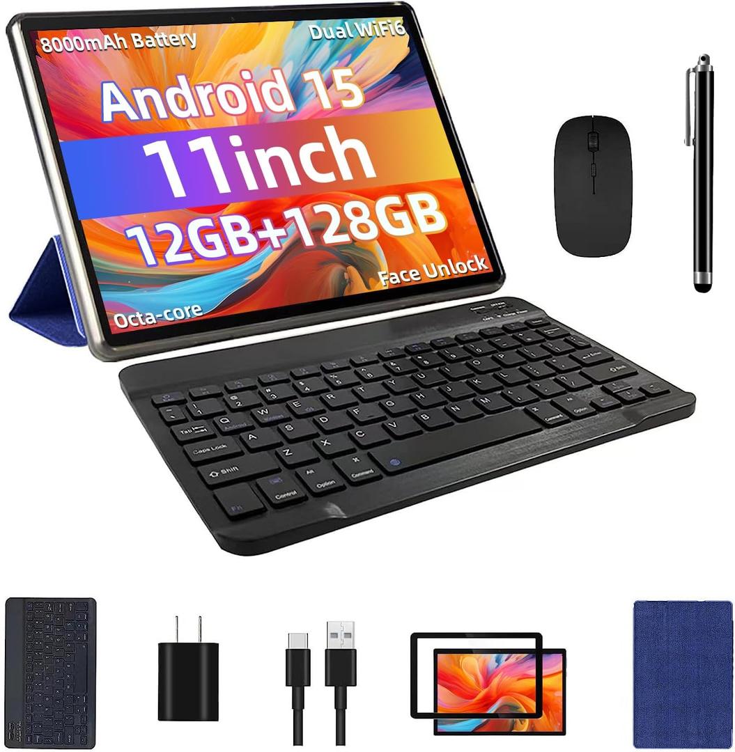 Android 15 Tablet 11inch, Face Unlock, 18W Fast Charging, 12GB+128GB+1TB Expand, Octa-core CPU, 8000mAh Large Battery, WiFi6, Touchscreen Display, Widevine L1 Tableta, Blue