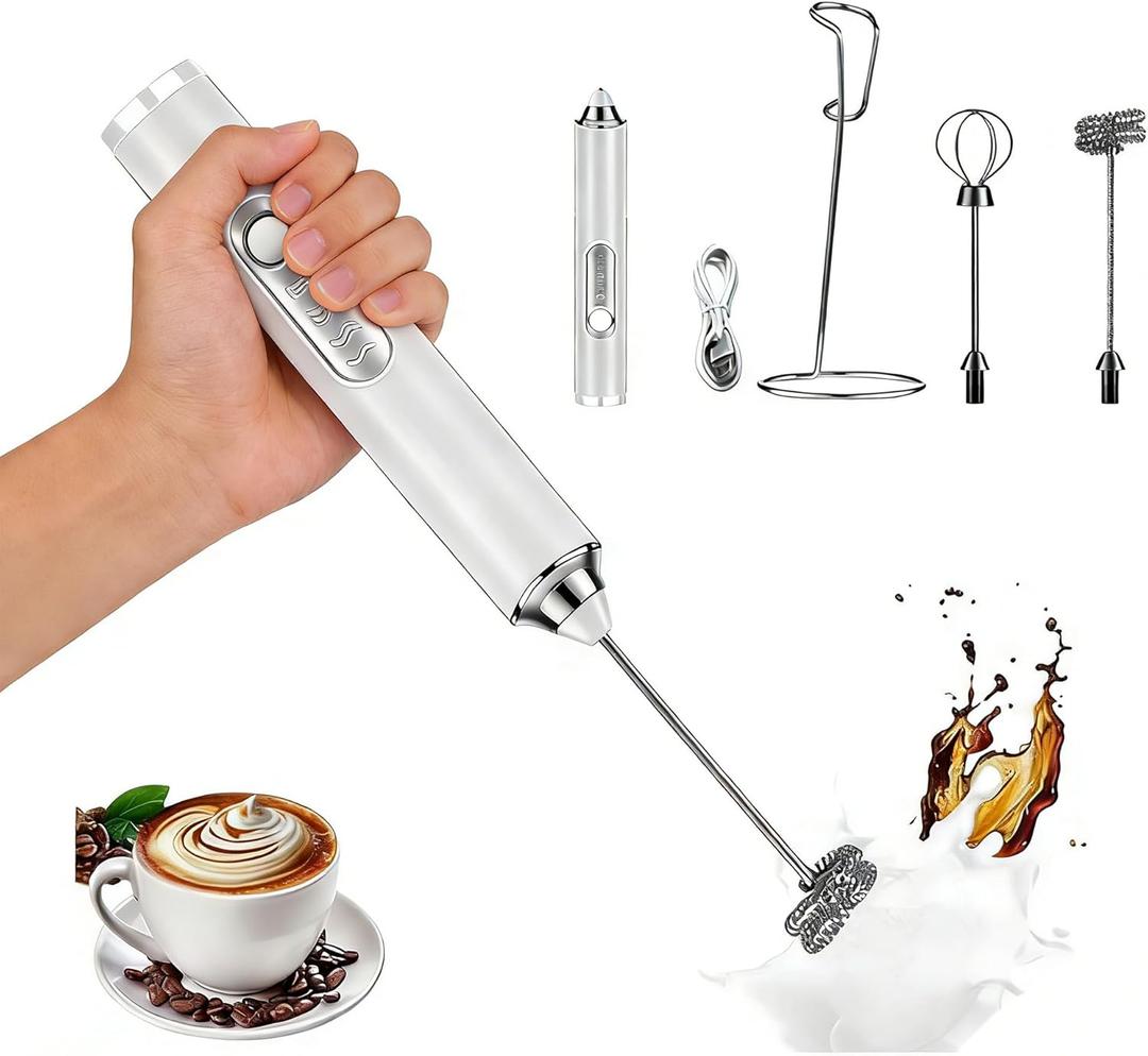 Milk Frother Handheld for Coffee, Hand Frother Wand, Electric Whisk 3 Speed Adjustable, Drink Mixer with Stainless 2 Whisks, Foam Maker for Latte Cappuccino Matcha (White)