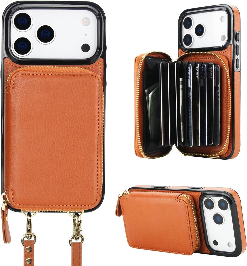 Bocasal Crossbody Wallet Case for iPhone 17 Pro Max, RFID Blocking Leather Purse Case with Card Holder, Protective Handbag Flip Cover with Zipper Wrist Strap Lanyard for Women 5G 6.9 Inch (Brown)