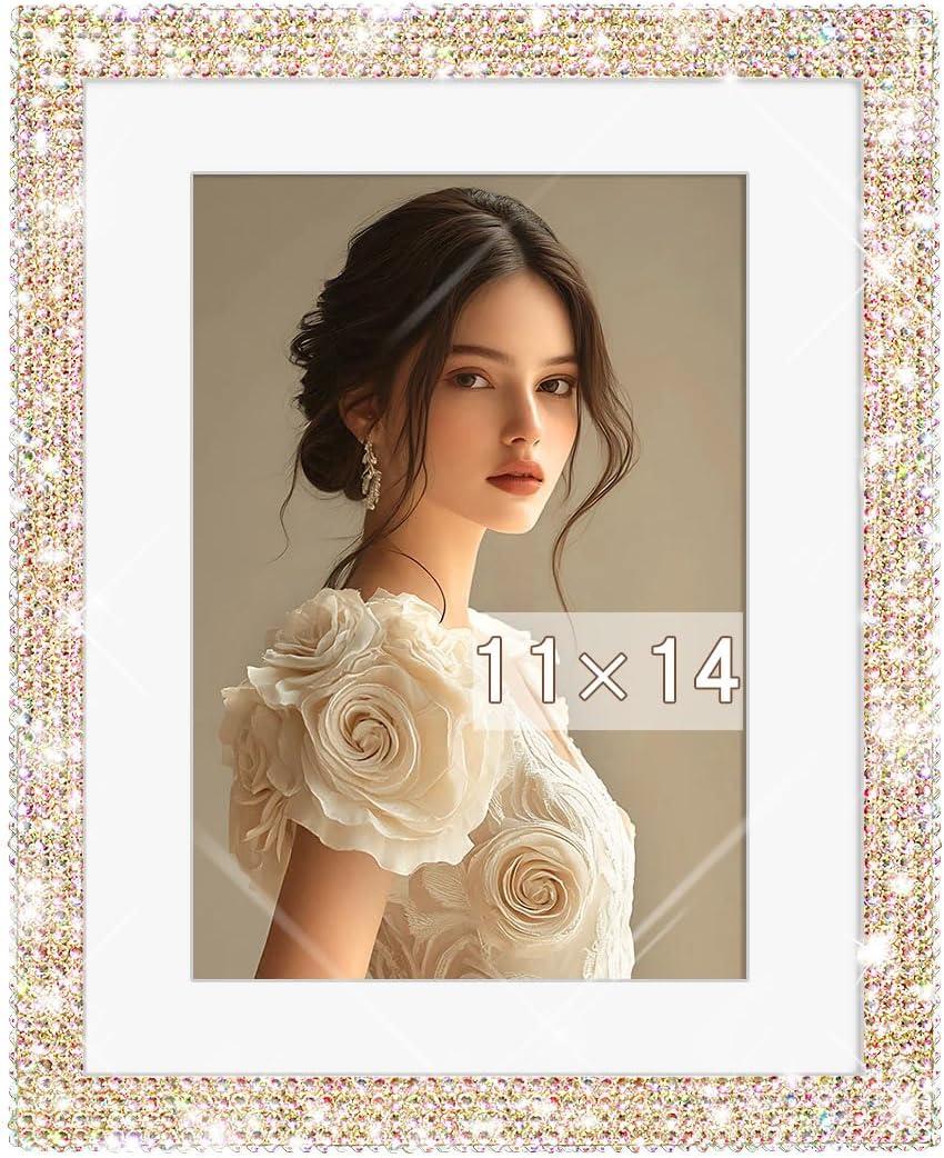 11x14 Bling Picture Frame, Display Pictures 8x10 with Mat or 11x14 Without Mat, Tabletop or Wall Mount Glitter Shiny Crystal Photo Frame With Sparkle Glass Rhinestones, Horizontally or Vertically(Golden)