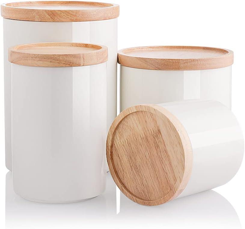 Sweejar Kitchen Canisters Ceramic Food Storage Jar Set, Stackable Containers with Airtight Seal Wooden Lid for Serving Ground Coffee, Tea, Herbs, Grains, Sugar, Salt - Set of 3 (White)