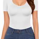 MANGOPOP Long Short Sleeve Bodysuits for Women Scoop Neck Ribbed Body Suit Stretchy Basic T Shirt Tops (White, S)