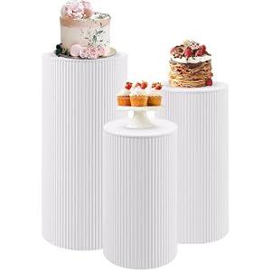JALANCY Metal Pleated Cylinder Pedestal Stands for Party, 3 Pieces Heavy Duty Round Cake Pedestal Stand Display Plinth Pillars Art Decor for Wedding Ceremony Birthday Party（Large, White）