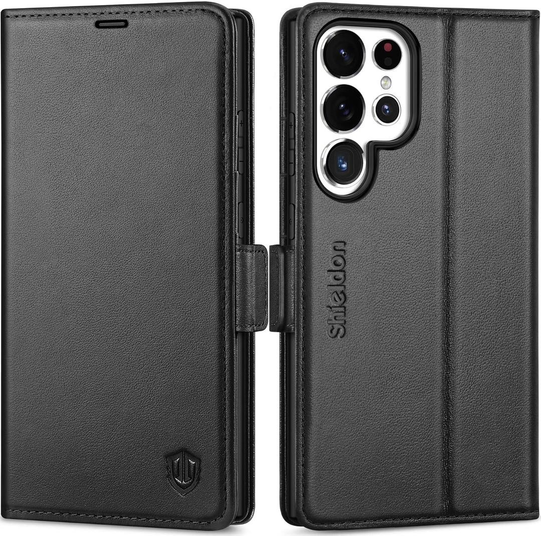 SHIELDON Wallet Case for Galaxy S25 Ultra 6.9", Genuine Leather Folio Case with Kickstand RFID Blocking Card Holder Magnetic Protective Phone Cover Compatible with Galaxy S25 Ultra 2025 - Black