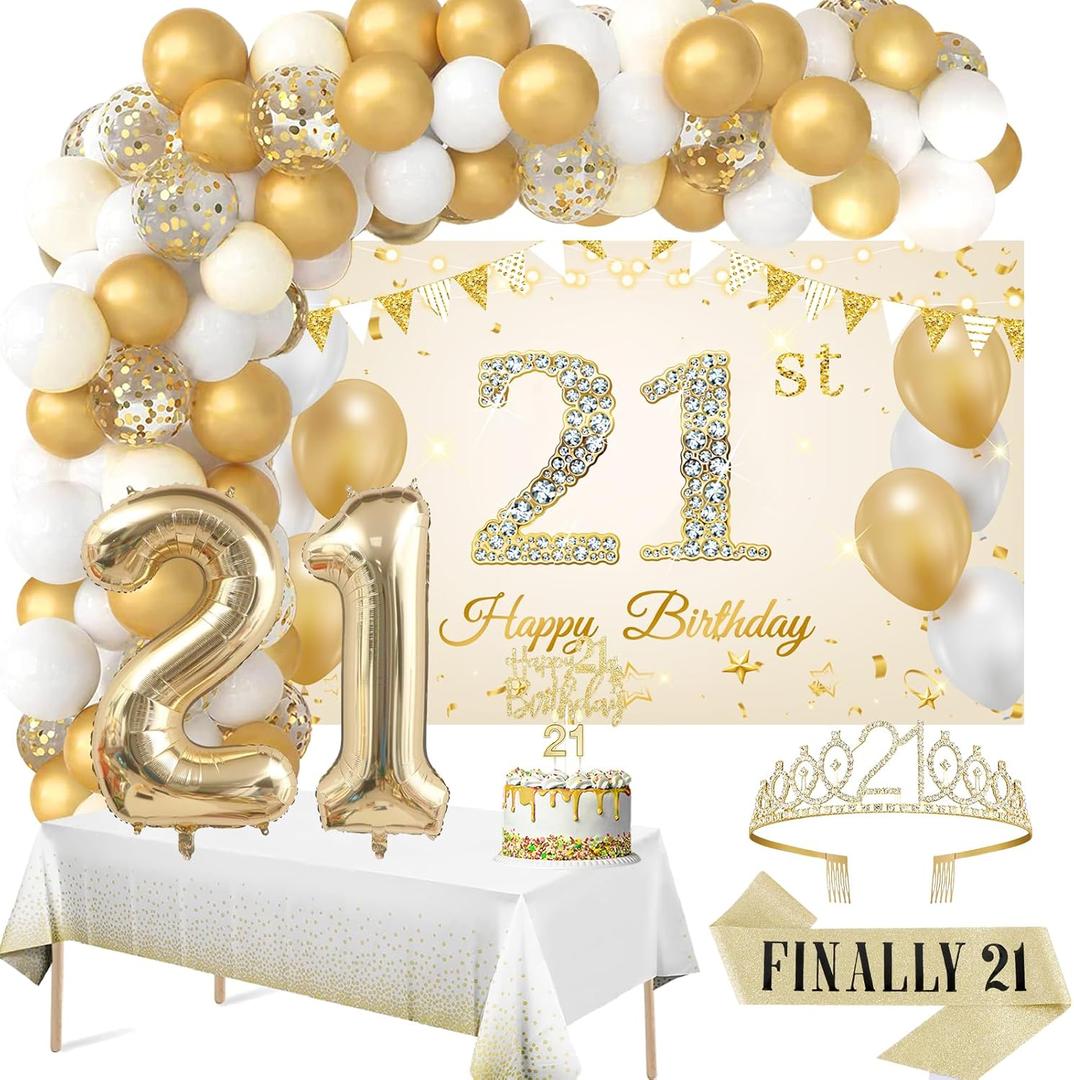 Roetyce 21st Birthday Decorations for Her, White and Gold Happy 21st Birthday Banner Balloons Arch Tablecloth, Gold 21st Birthday Sash and Crown, Girls 21 Years Old Birthday Party Supplies Background