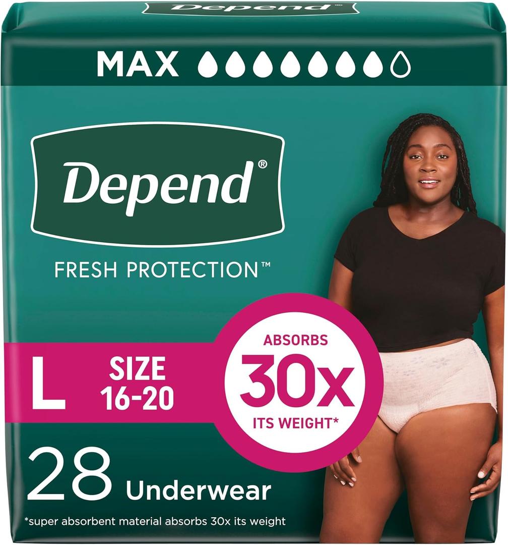 Depend Fresh Protection Adult Incontinence & Postpartum Bladder Leak Underwear for Women, Disposable, Maximum, Large, Blush, 28 Count, Packaging May Vary