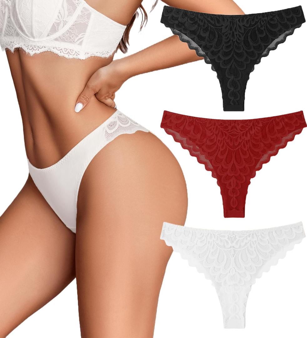 Avidlove 1 or 3 Pack Cheeky Underwear for Women Lace No Show Bikini Soft Breathe hipster panties (Medium, Black+white+wine Red)