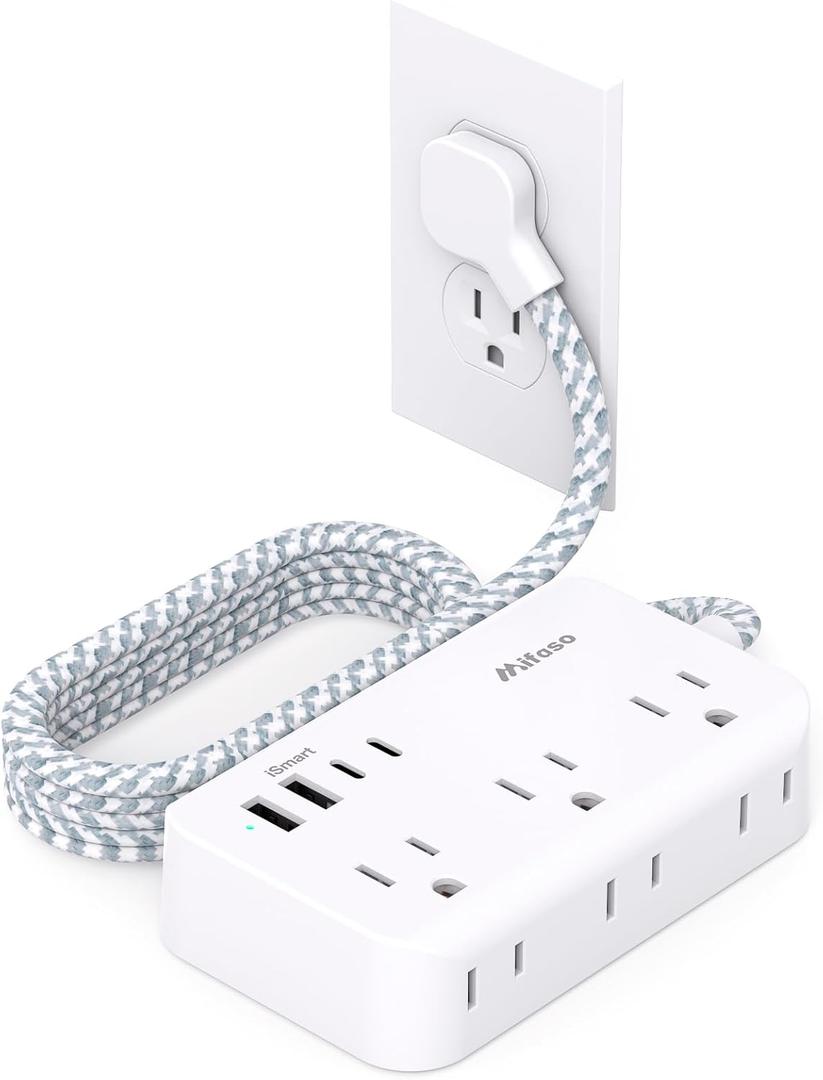 Power Strip Extension Cord - 6 Outlets and 4 USB (2 USB C), 5Ft Braided Cord with Ultra Thin Flat Plug, Wall Mount, Overload Protection, Compact for Travel, Cruise Ship, and Dorm Room Essentials (5 FT, White)