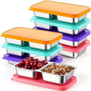 FoldTier 8 Pack 2-Compartment Stainless Steel Snack Containers Include 8 Silicone Lids and 8 Box Bodies Reusable Stackable Box for Adult Work, Travel & Camping 7.9 x 4.1 x 1.6 Inch (Rainbow)