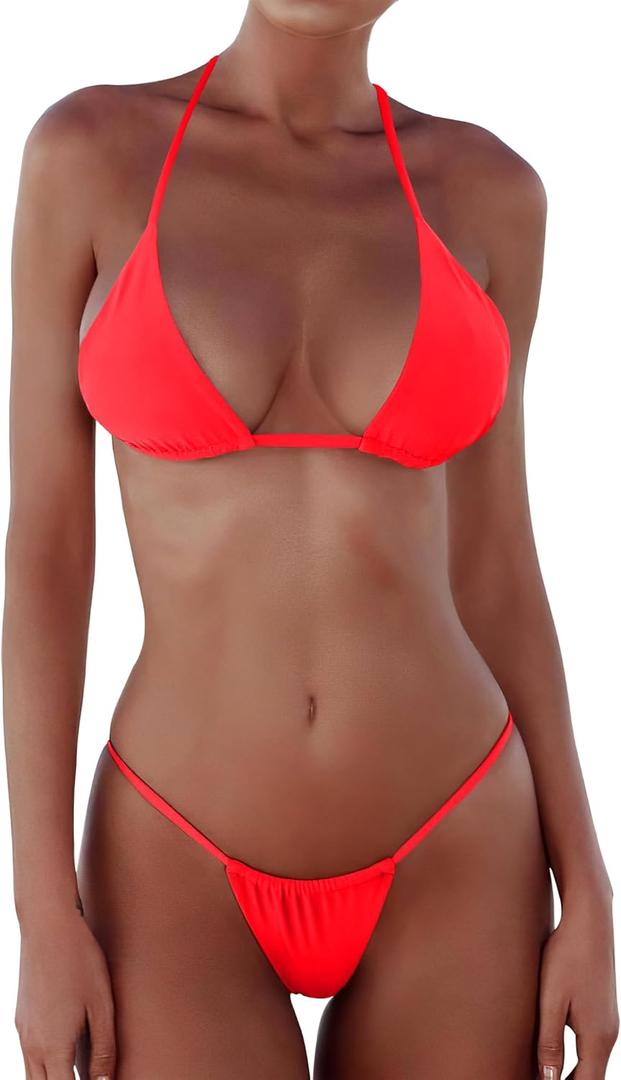 XUNYU Thong Bikini Sets for Women - Brazilian Micro String Bikinis Sexy Two Piece Swimsuit Triangle Top Halter Bathing Suits (Large, Orange-Red)