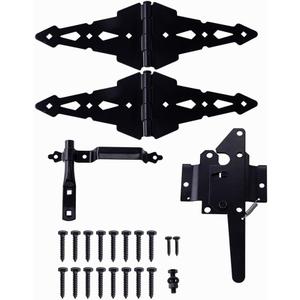 HOME MASTER HARDWARE Wood Gate Hardware Set - Heavy Duty 8" Decorative Strap Hinges and Spring Loaded Latch Kit with Screws for Outdoor Fence Swing Gate Black Finish
