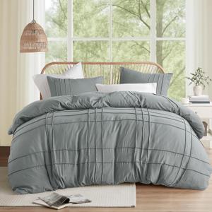 Comfort Spaces Blue/Grey Queen Size Duvet Cover Set - 3 Pieces Pintuck Pleated Duvet Cover, All Season Lightweight, Extra Softness Pre-Washed Microfiber Bedding Cover Shams