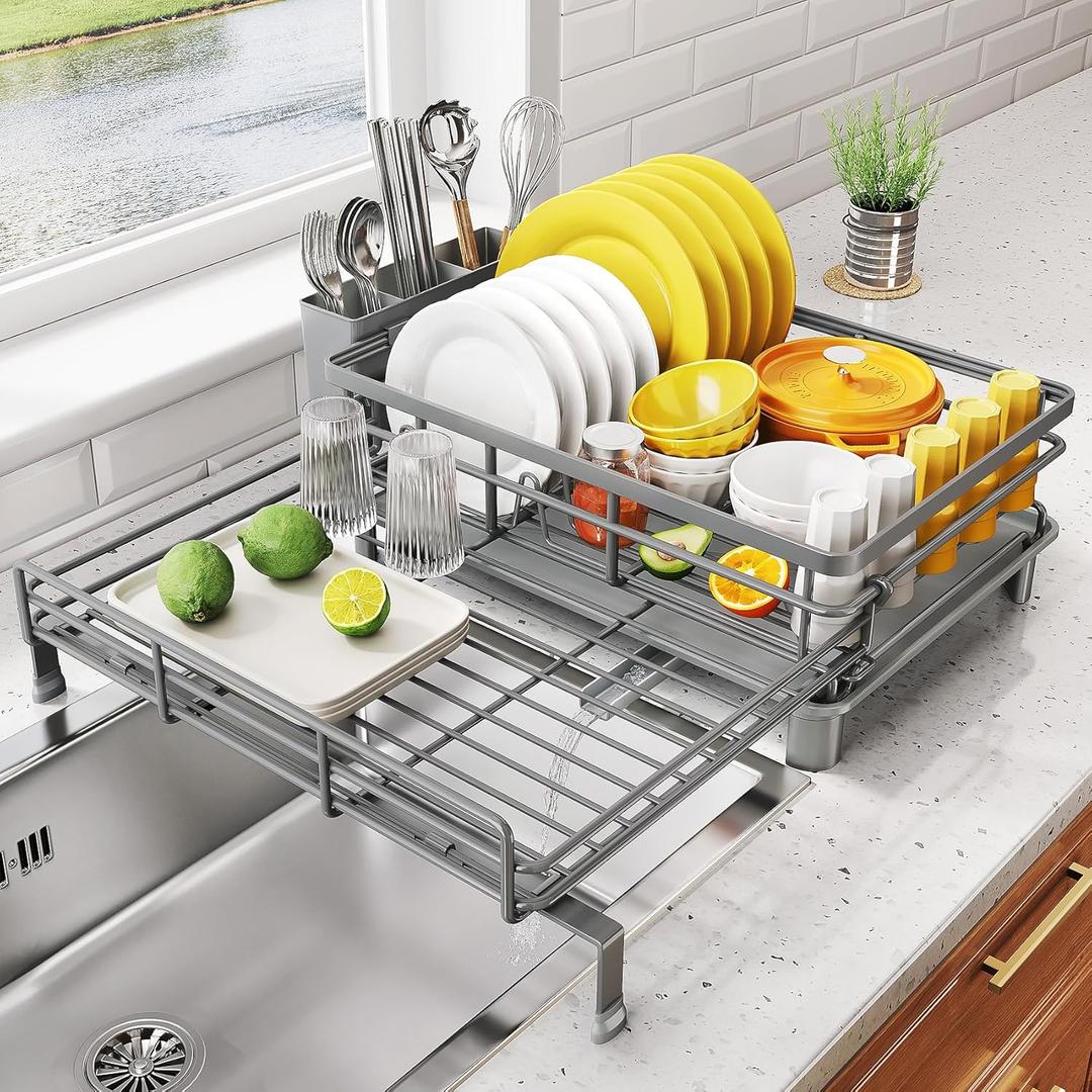 SNTD Dish Drying Rack - Extendable Dish Rack, Large Sink Drying Dish Drainer for Kitchen Counter, Stainless Steel Dish Strainer with Utensil Holder (Grey) (Gray)