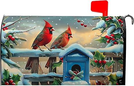 Winter Mailbox Cover Cardinal Birds Mailbox Covers Holly Berry Mail Box Wrap Magnetic Standard Size 21x18 Inch Mailboxes Decorations for Christmas Garden Home Yard Decorations