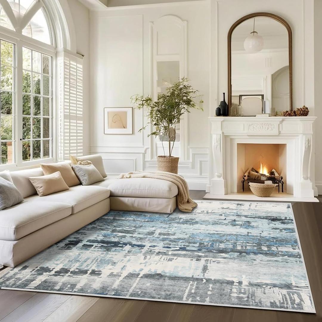 6x9 Soft Washable Area Rugs for Living Room and Bedroom, Non-Slip Stain Resistant Indoor Carpet, Cozy Floor Mat for Dining Room, Office, Under TableStain Resistant Blue