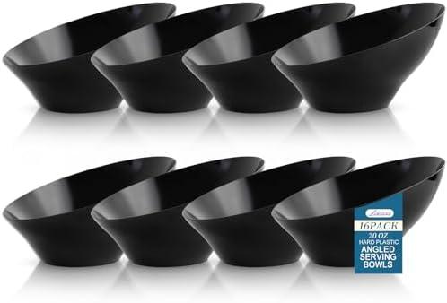 Liacere 16 Pack Black Plastic Bowls - Black Serving Bowls - 20 OZ Angled Bowl Disposable for Chip,Candy,Salad and Fruit - Ideal for Wedding & Party & New Year