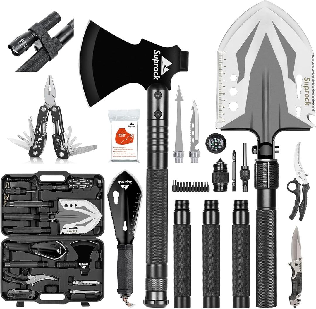 Survival Shovel and Camping Shovel, 30-in-1 Tactical Shovel Axe with High Carbon Steel, Folding Entrenching Tool with Pouch for Emergency, Hiking, Outdoor Gear (black06)