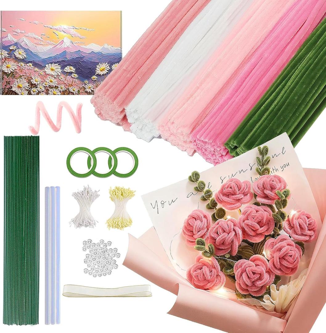 500PCS Pipe Cleaners Craft for Flower - 5 Assorted Colors Chenille Stems Pipe Cleaners Bulk 25sturdy floral stems, 200Stamens, Ribbon, Glue Sticks & Pearls for DIY Bouquets & Home Decor(Pink)