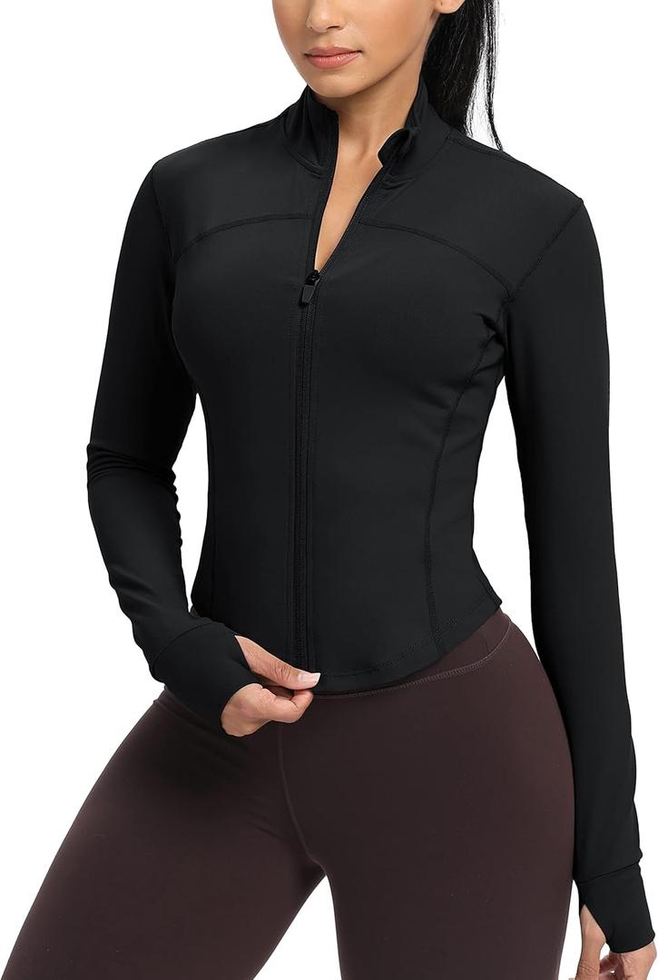 GYM RAINBOW Womens Zip Up Workout Jakcets Lightweight Slim Fit Running Athletic Jackets with Thumb Holes (X-Large, #1 Black)