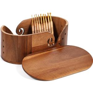 DoubleFill Oval Wooden Yarn Bowls for Knitting, Acacia Crochet Yarn Holder with 9pcs Hooks and Lid Crochet Knitting Storage Bowl for Knitters Gift Craft, 11.2" x 6.1"x 4.8"(Classic,Light Brown)