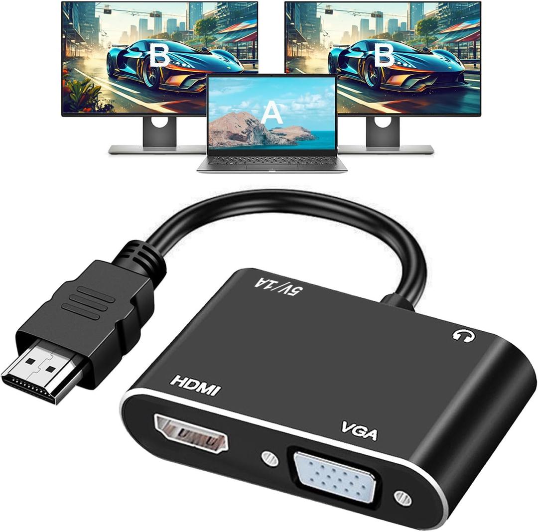 HDMI to VGA+HDMI Adapter for Dual Monitor, HDMI to VGA, HDMI to HDMI Splitter 2-in-1,1080P@60HZ Full HD Display Video Converter Compaitble with Windows/Mac Os/Linux, Plug & Play
