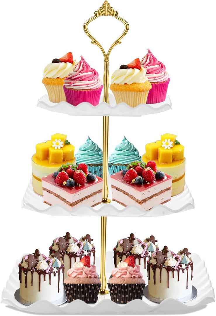 Dessert Cupcake Stand, 3 Tier Cup Cake Holder Tower for Tea Party/Birthday/Weeding, Plastic Tiered Serving Tray with Metal Rod, White