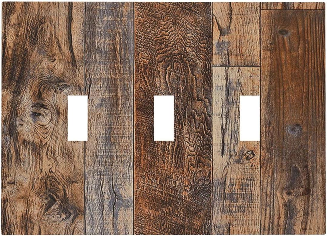 Rustic Brown Wood Grain 3 Gang Artistic Light Switch Covers Triple Toggle Wall Plate 3 Hole Electrical Switch Plate Covers Faceplate for Bathroom 4.8 X 6.7 IN
