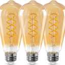 ST64 LED E26 Vintage Edison Light Bulbs, Amber Glass, Dimmable, 4W(40W Equivalent) 300 Lumens, 2200K Ultra Warm White, Spiral Filaments Design, Antique Style, 25000 Hrs, 3-Pack