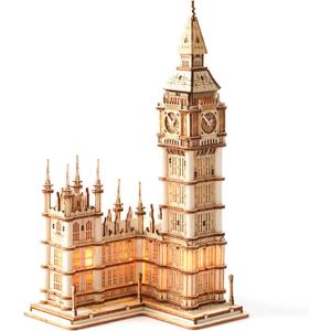 ROBOTIME 3D Puzzle for Adults Wooden Craft Kits for Teens DIY Construction Model Kit with LED Light to Build Educational Big Ben Set Toys Birthday Gifts