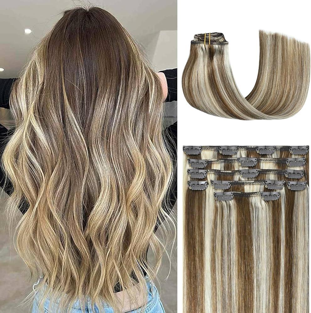  Hair Extensions Light Brown to Blonde Highlights Balayage Hair, 22 inch